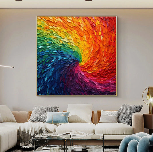 Abstract Textured Art Custom Rainbow Feather Painting Hand Painted Wall Decor Art Poster Ocean Seaside Thick Gray And Black Oil Painting Simple Design Wall Art, Unframed.